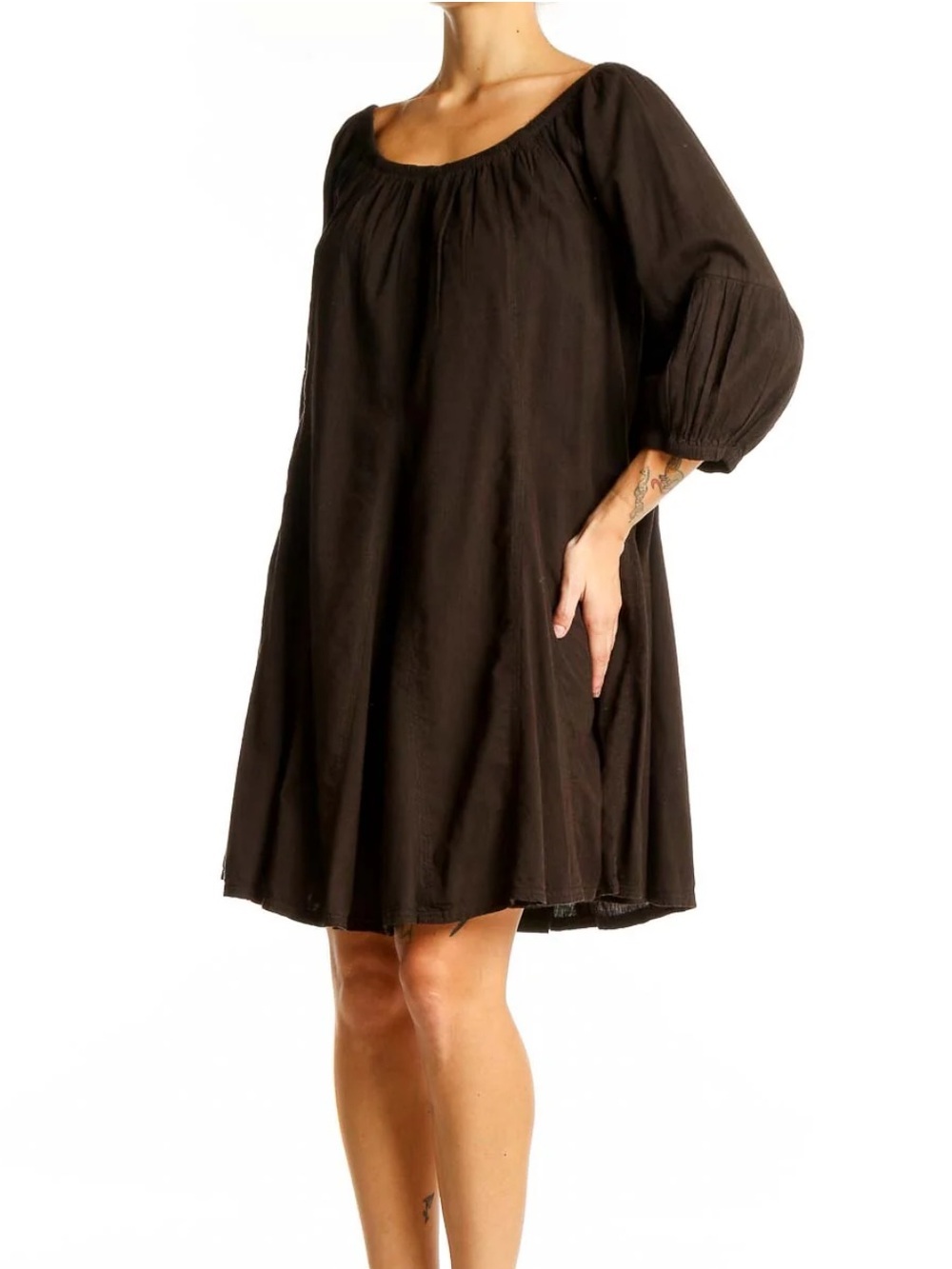 Daily Practice Anthropologie Peasant Mini Dress Sz M Puff Sleeve Brown Boho*W8